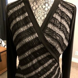 Dusak Designs Cross Over V Neck Blouse Top Soft Grey & Black Design Flattering